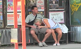 Weird Nympho Chick Gives Blowjob to Confused Guy at the Bus Station